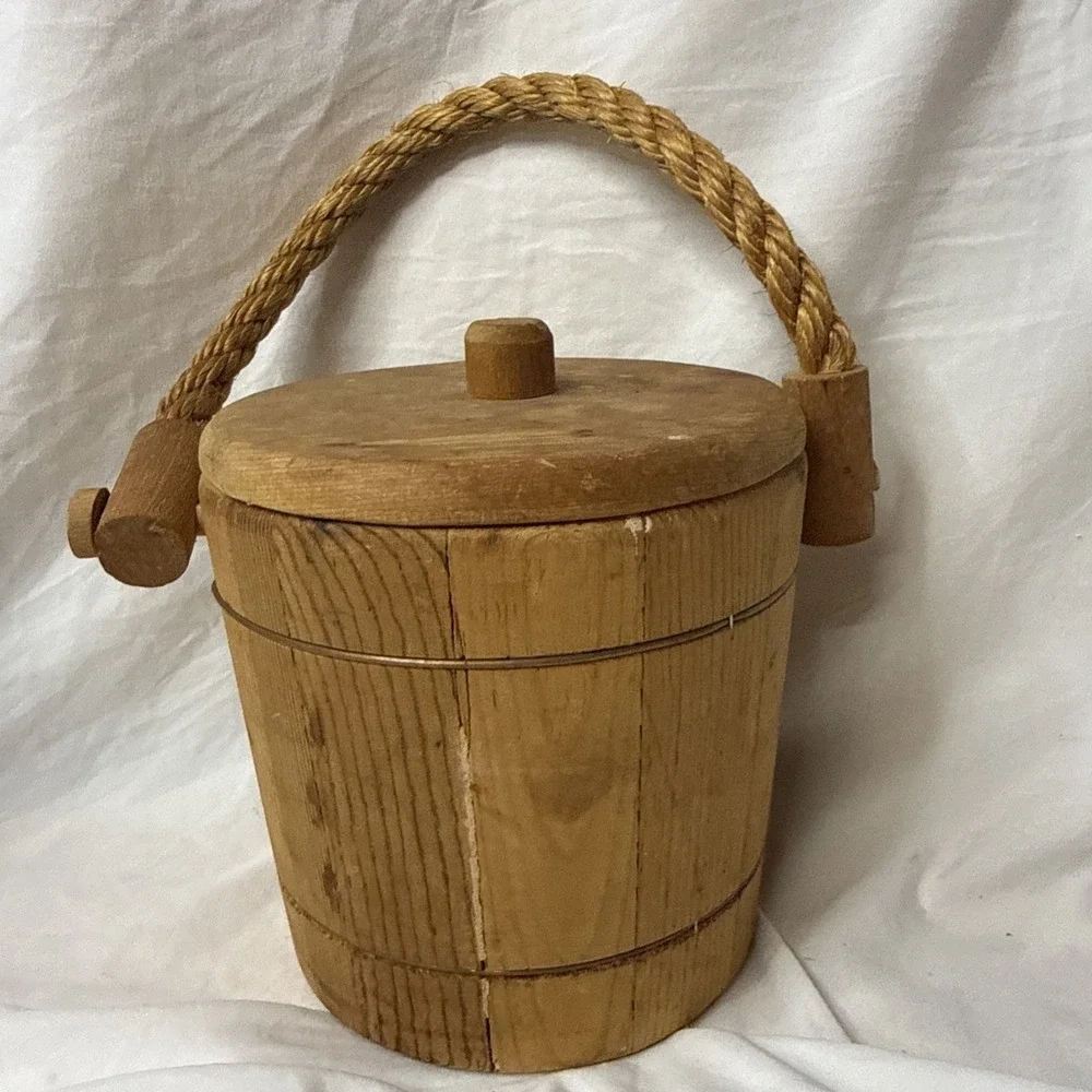 Vintage Wooden Firkin Sugar Bucket Copper Wire Band Rope Well Pail Cottagecore